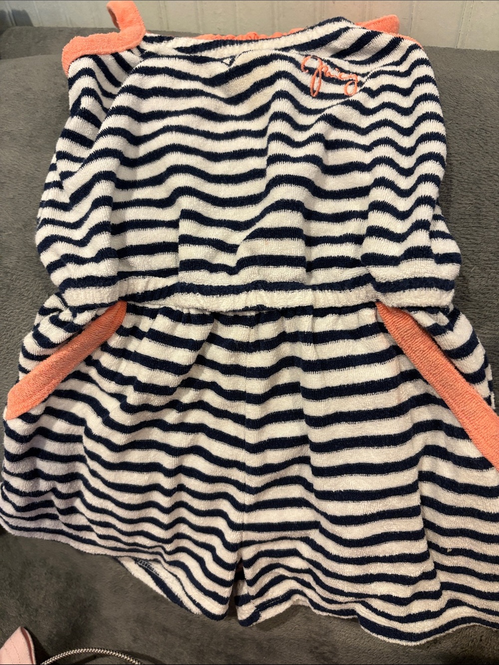 Juicy Couture Navy and White Striped Terry One-Piece with Coral Accents
